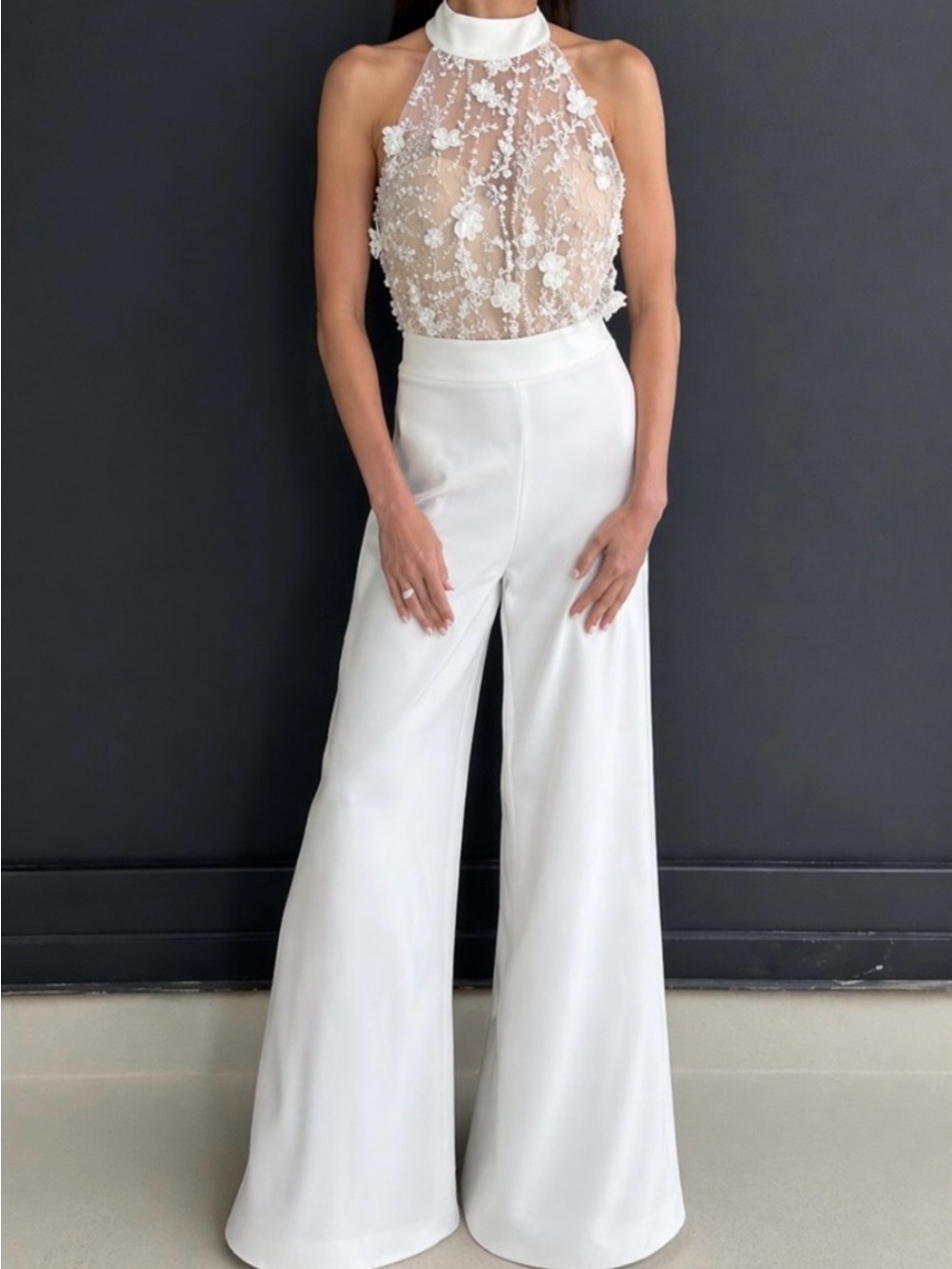 Fox Peach Sheer Floral Halter Wide-Leg Jumpsuit